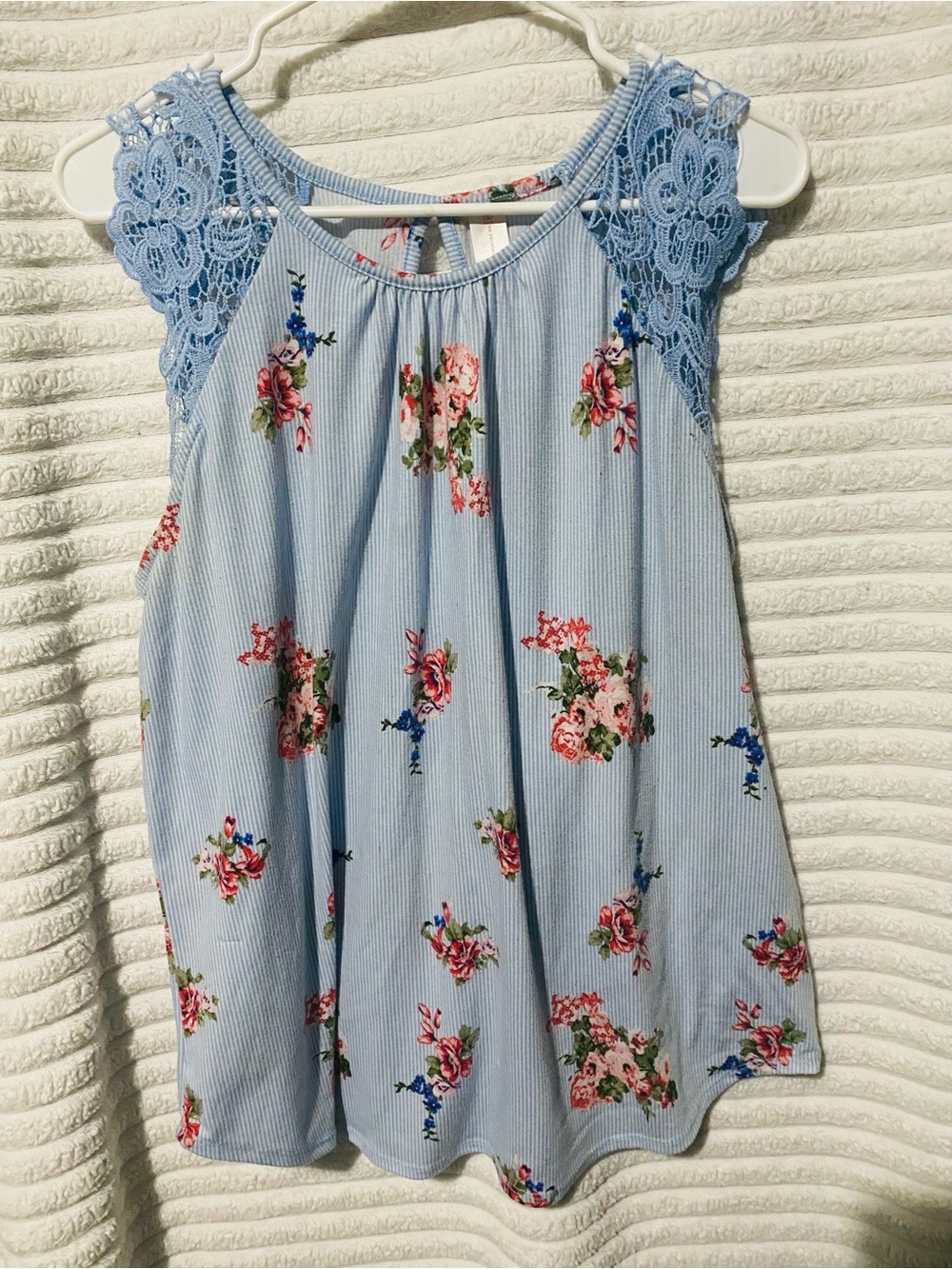 No Boundaries Light Blue Floral Tank with Lace Shoulders